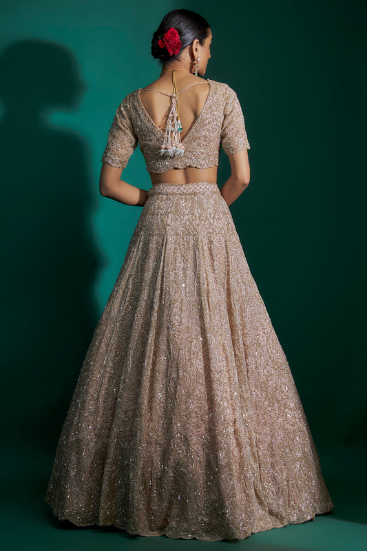 peach organza cutdana hand & machine embroidered lehenga set