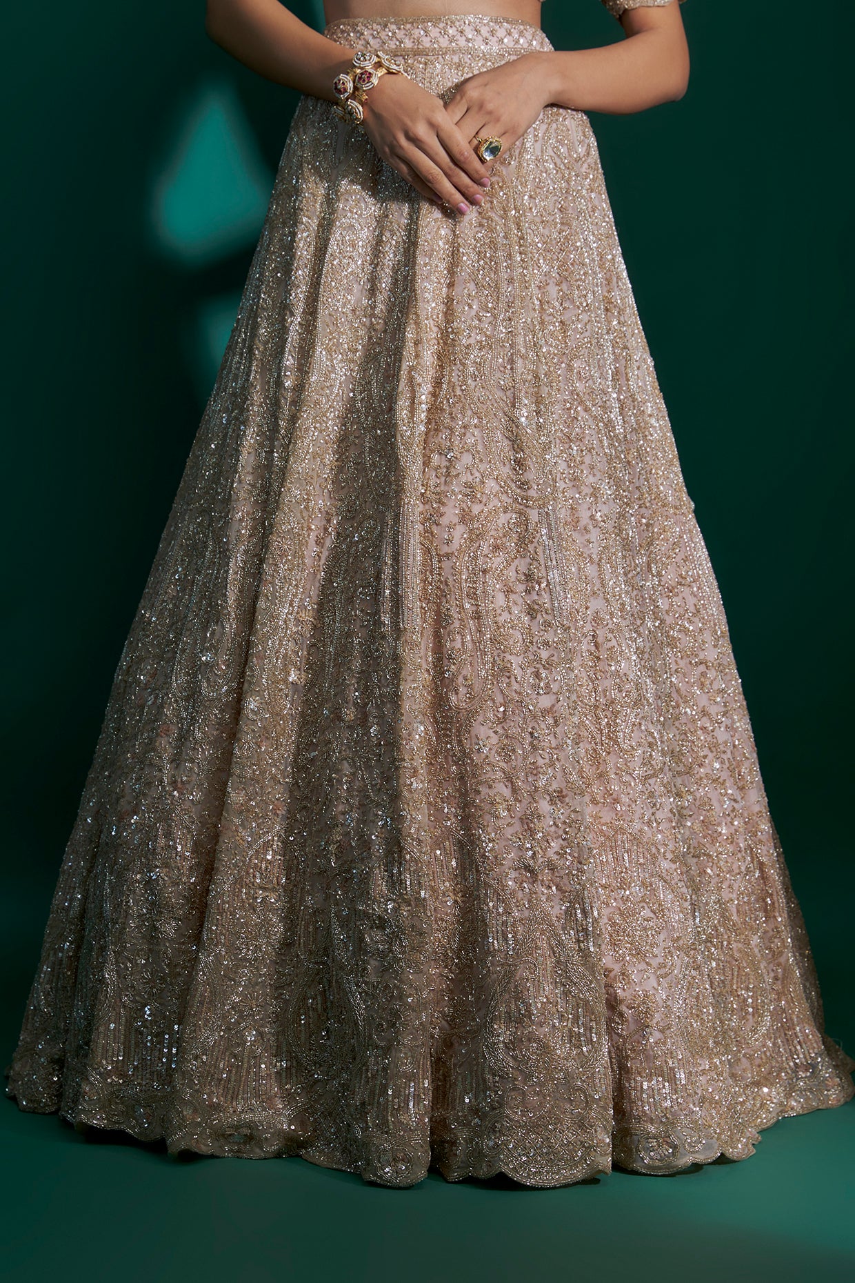 peach organza cutdana hand & machine embroidered lehenga set