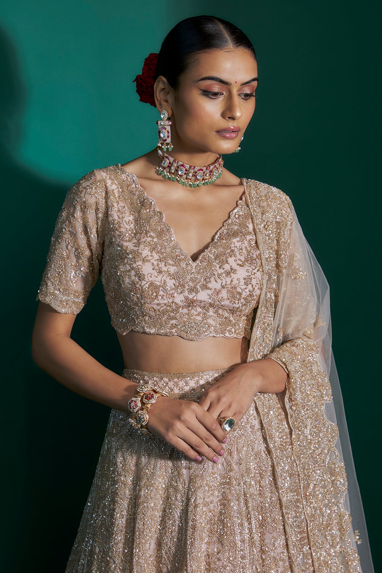 peach organza cutdana hand & machine embroidered lehenga set