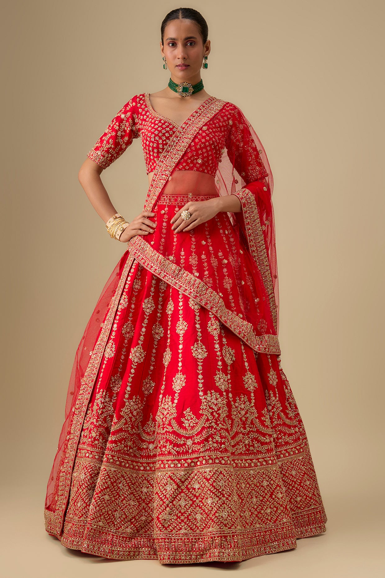 red raw silk zardosi hand & machine embroidered lehenga set