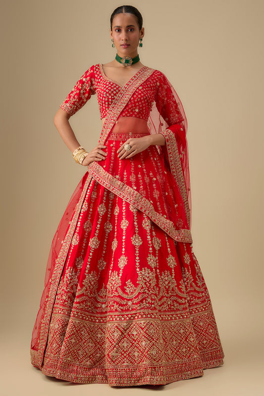 red raw silk zardosi hand & machine embroidered lehenga set