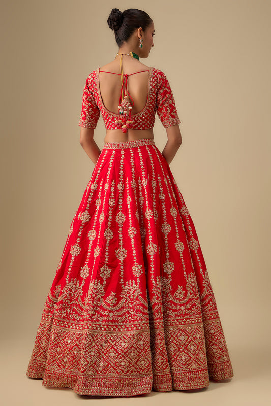 red raw silk zardosi hand & machine embroidered lehenga set