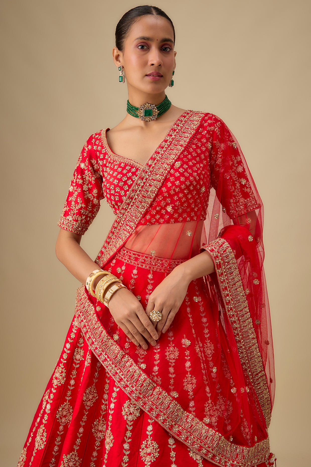 red raw silk zardosi hand & machine embroidered lehenga set