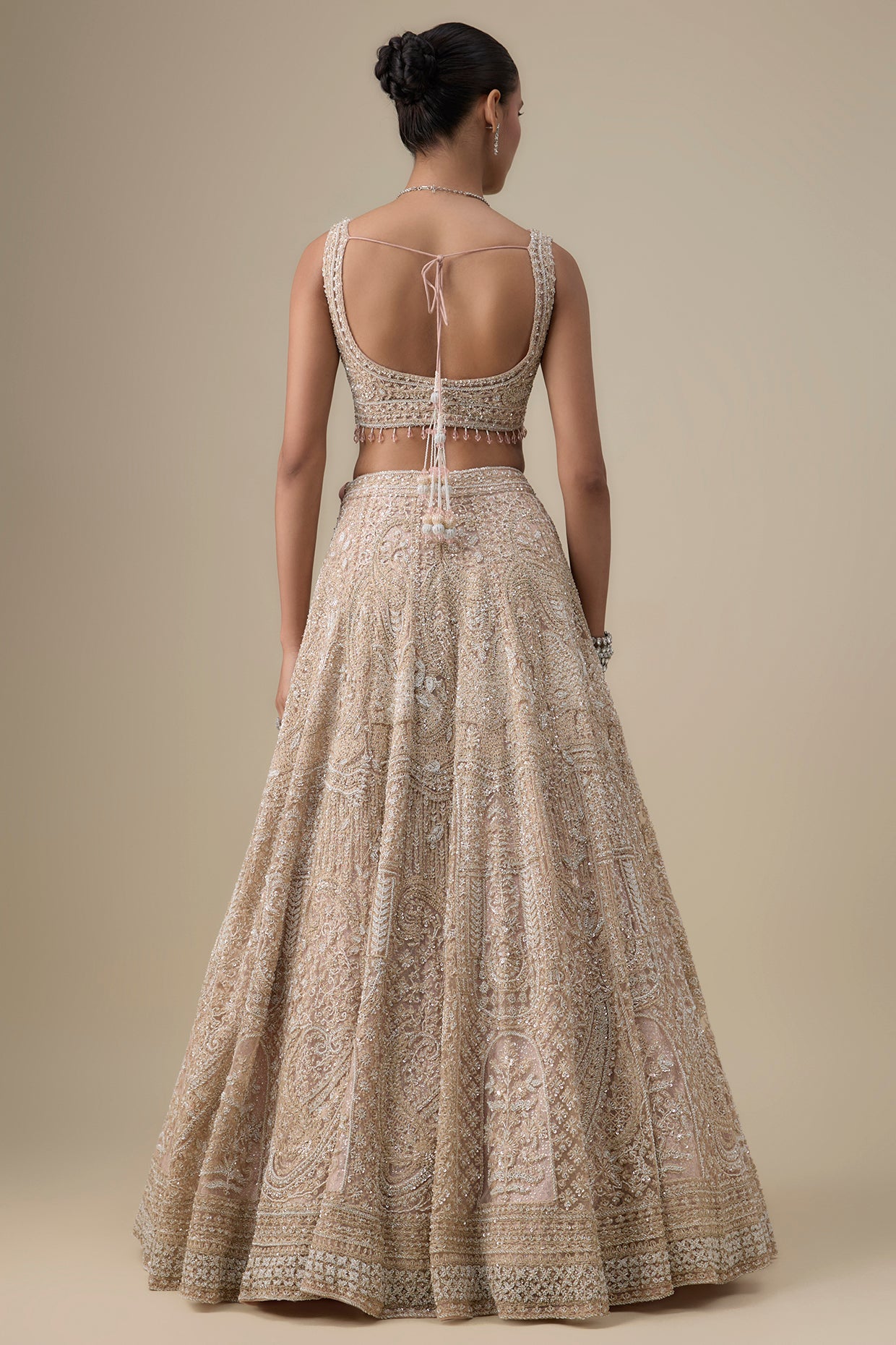 pink net zardosi hand & machine embroidered lehenga set