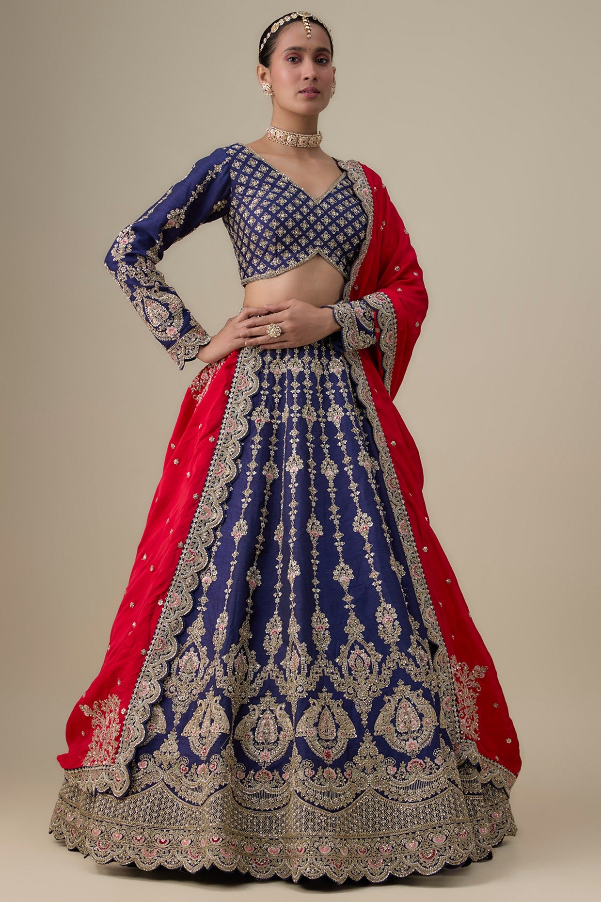 navy blue raw silk cutdana embellished lehenga set