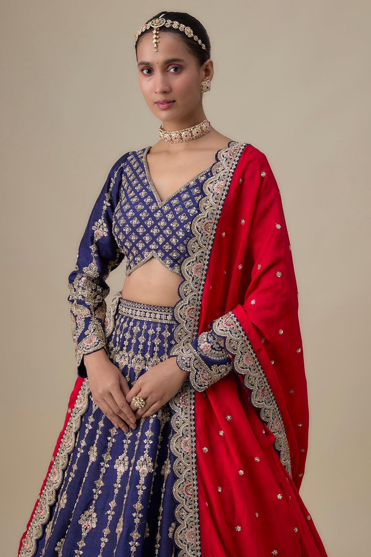 navy blue raw silk cutdana embellished lehenga set