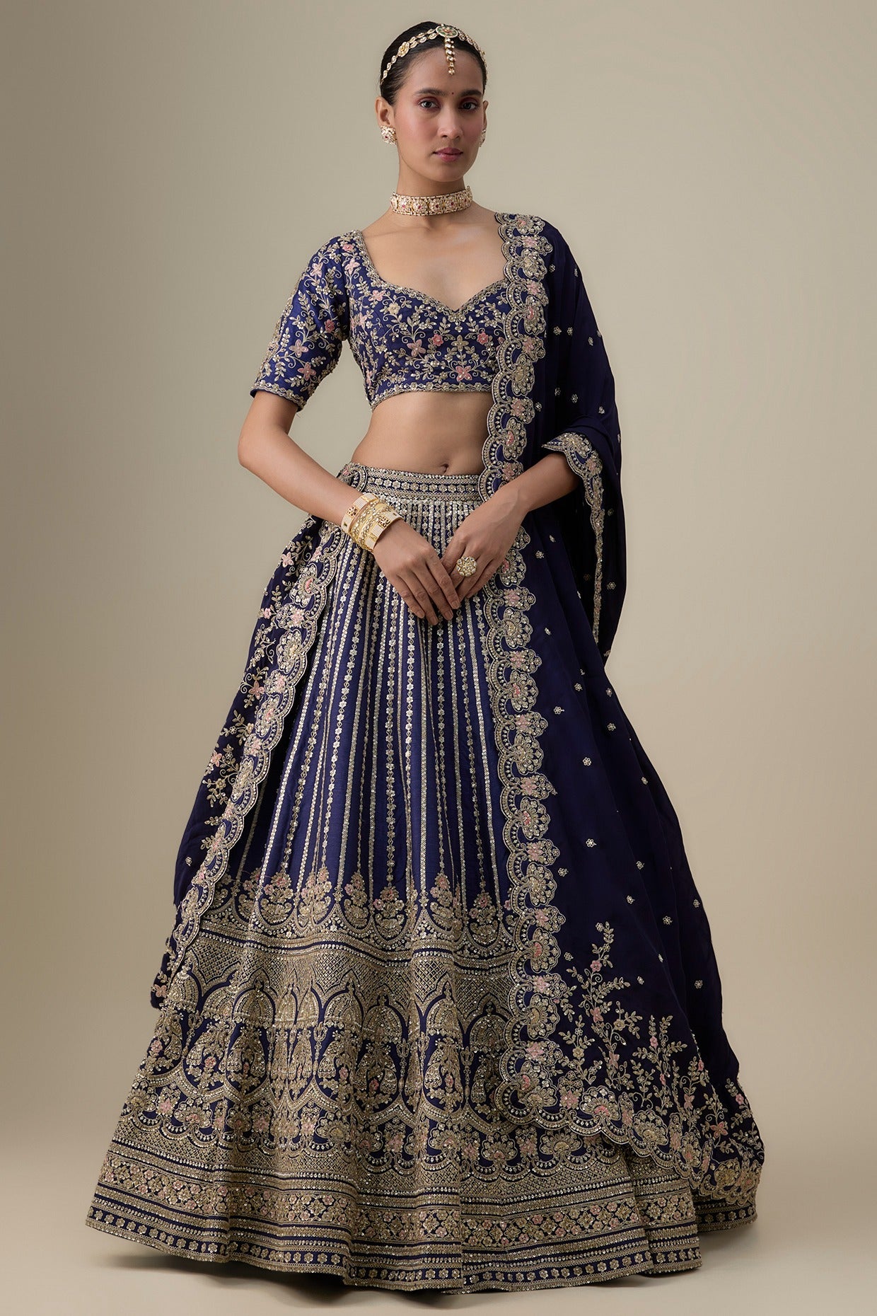 navy blue raw silk zardosi embroidered lehenga set