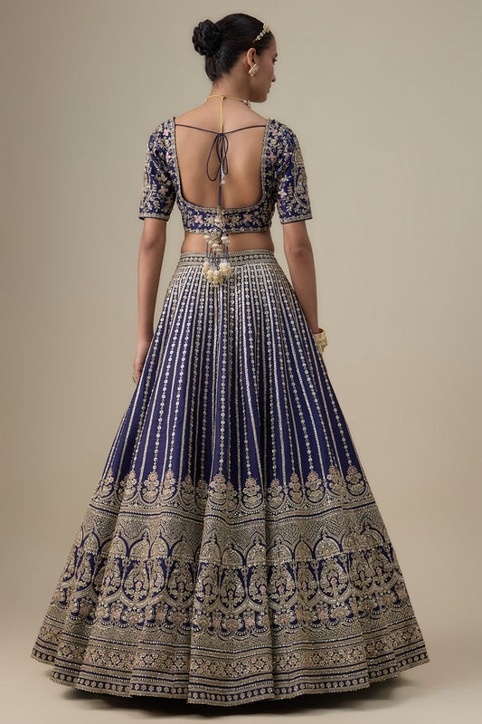 navy blue raw silk zardosi embroidered lehenga set