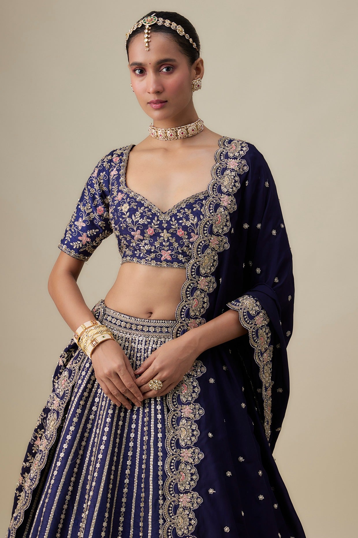 navy blue raw silk zardosi embroidered lehenga set