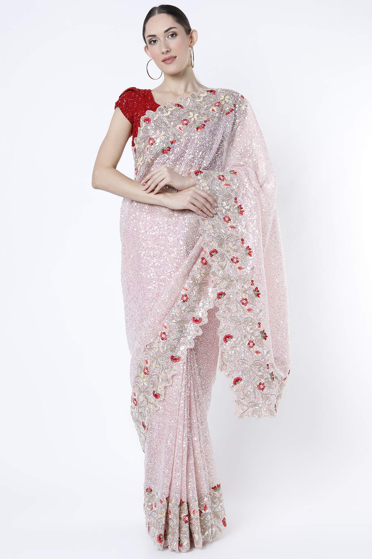 light pink sequins saree set