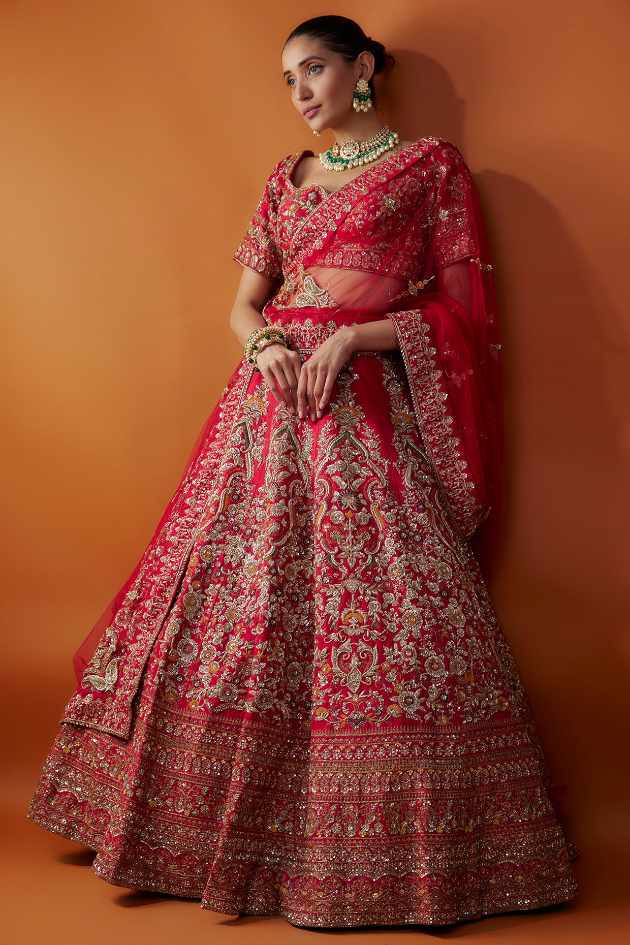 red raw silk zardosi embroidered lehenga set
