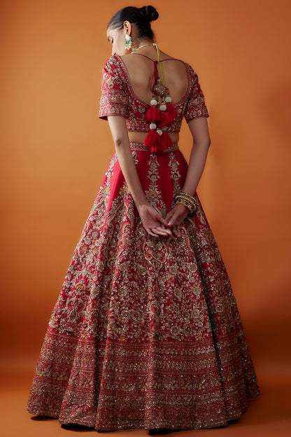 red raw silk zardosi embroidered lehenga set