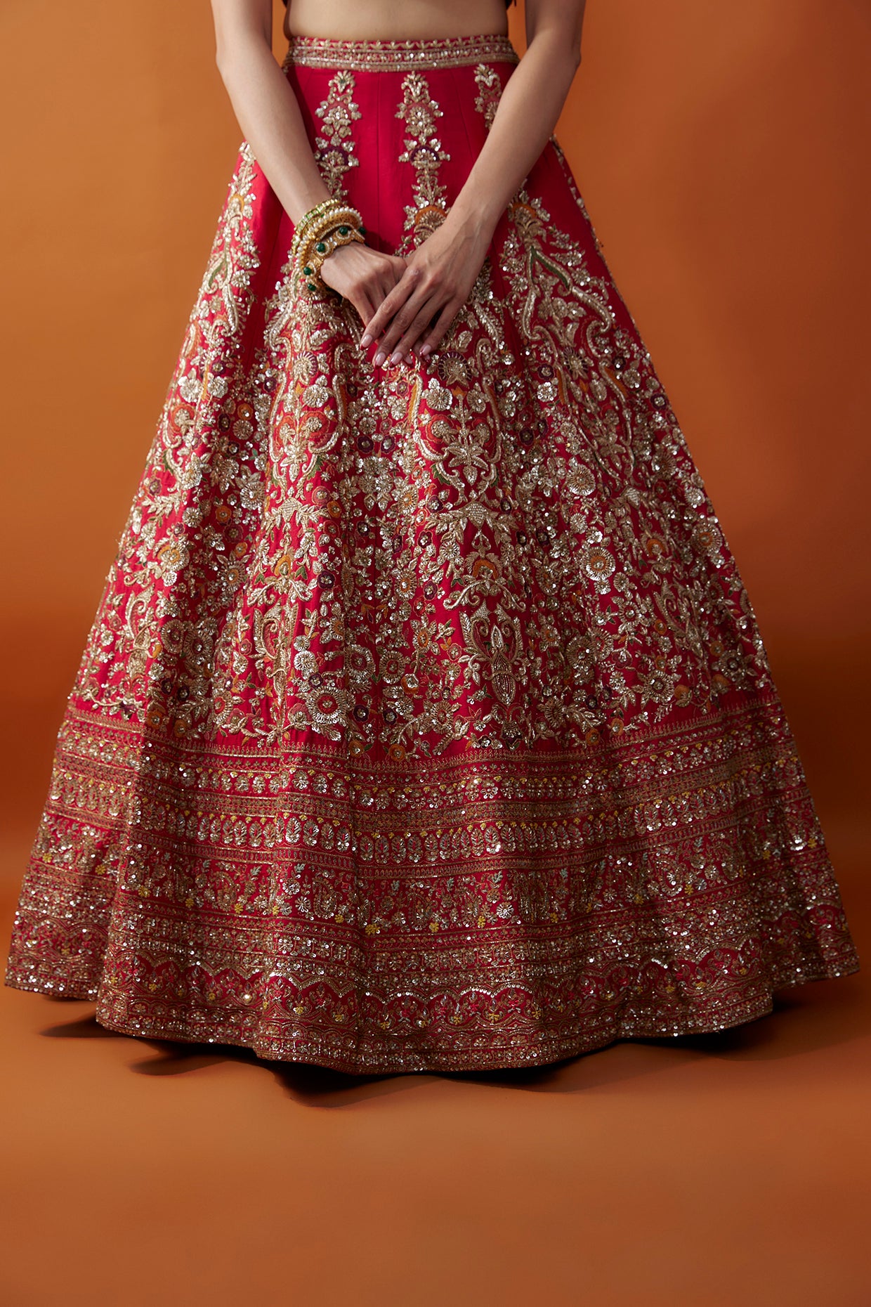 red raw silk zardosi embroidered lehenga set