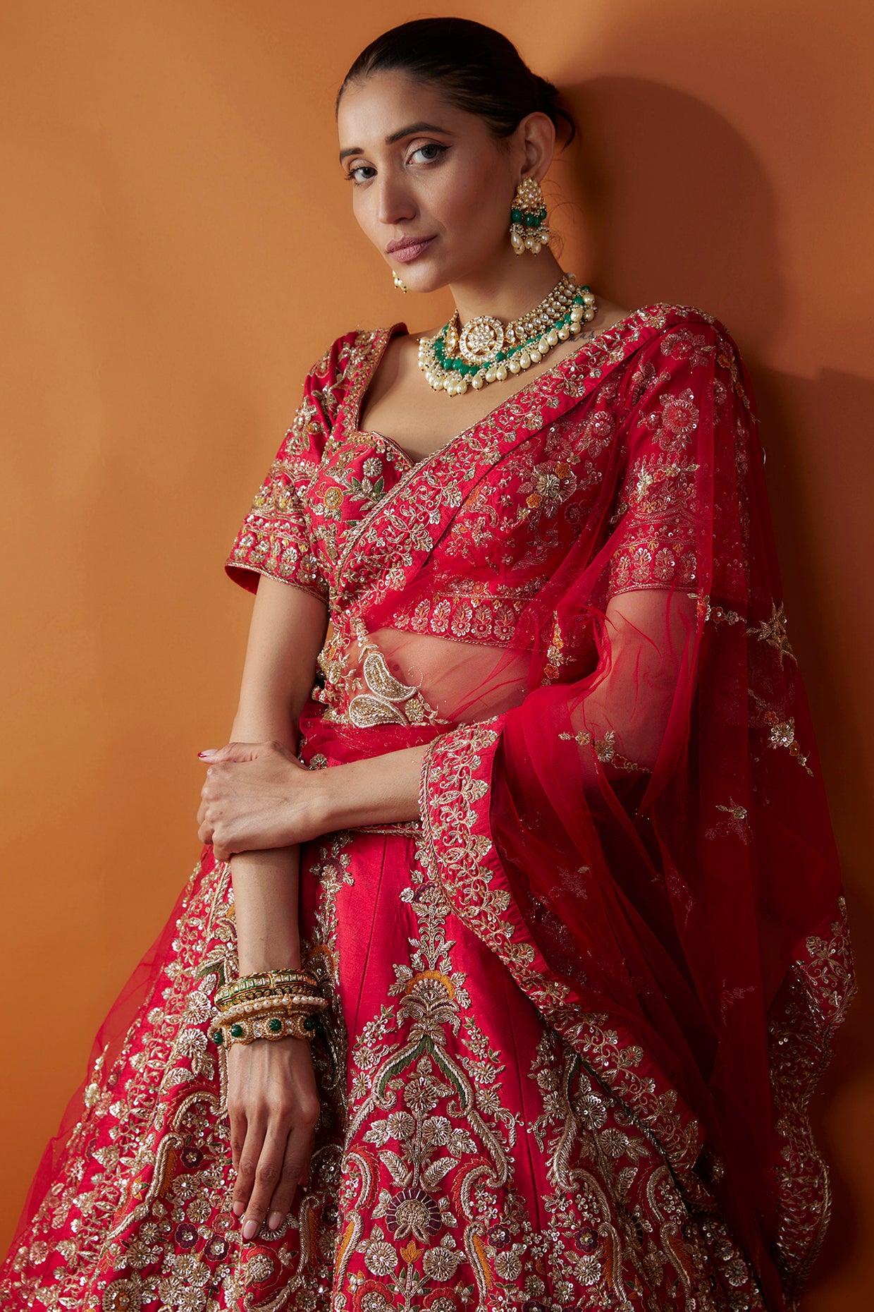 red raw silk zardosi embroidered lehenga set
