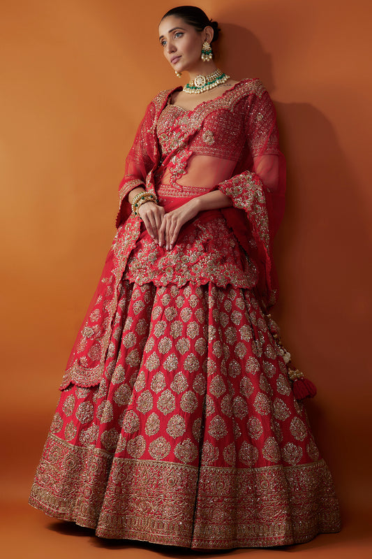 Red Raw Silk Zardosi Embroidered Lehenga Set