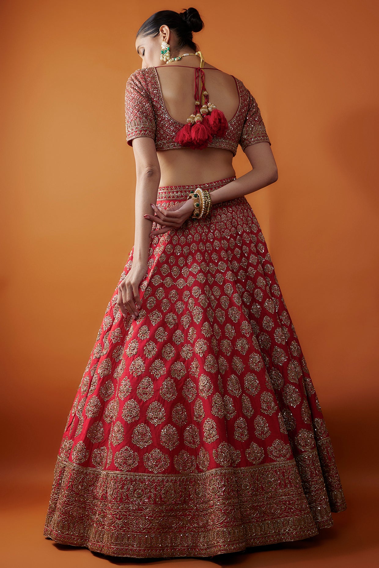 Red Raw Silk Zardosi Embroidered Lehenga Set