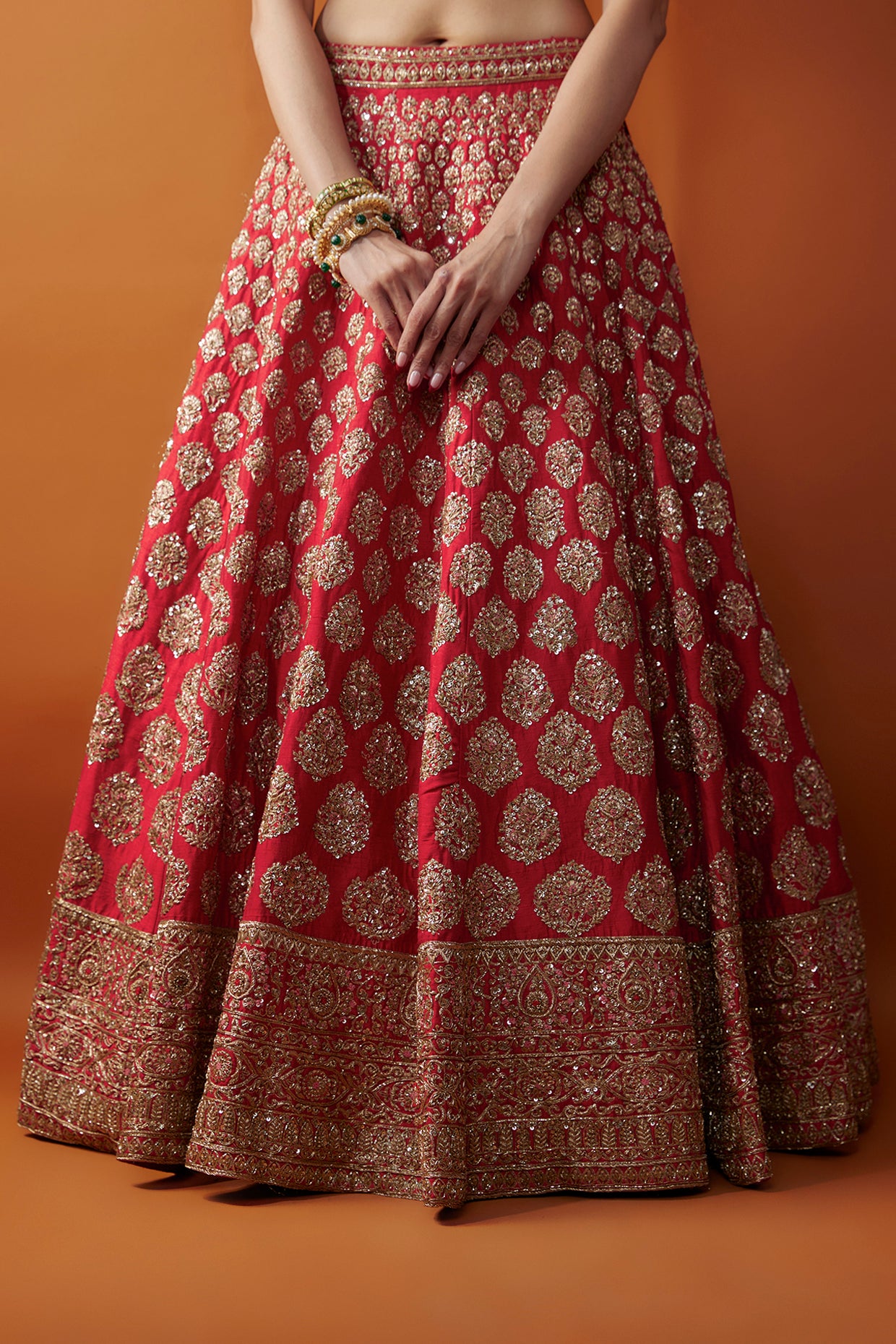 Red Raw Silk Zardosi Embroidered Lehenga Set