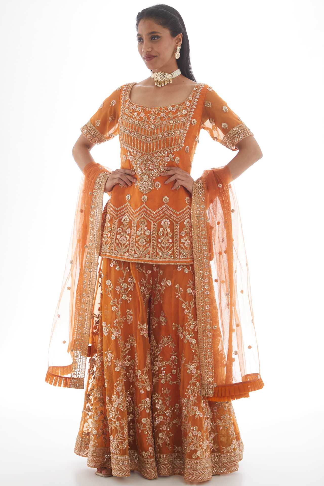 orange embroidered sharara set