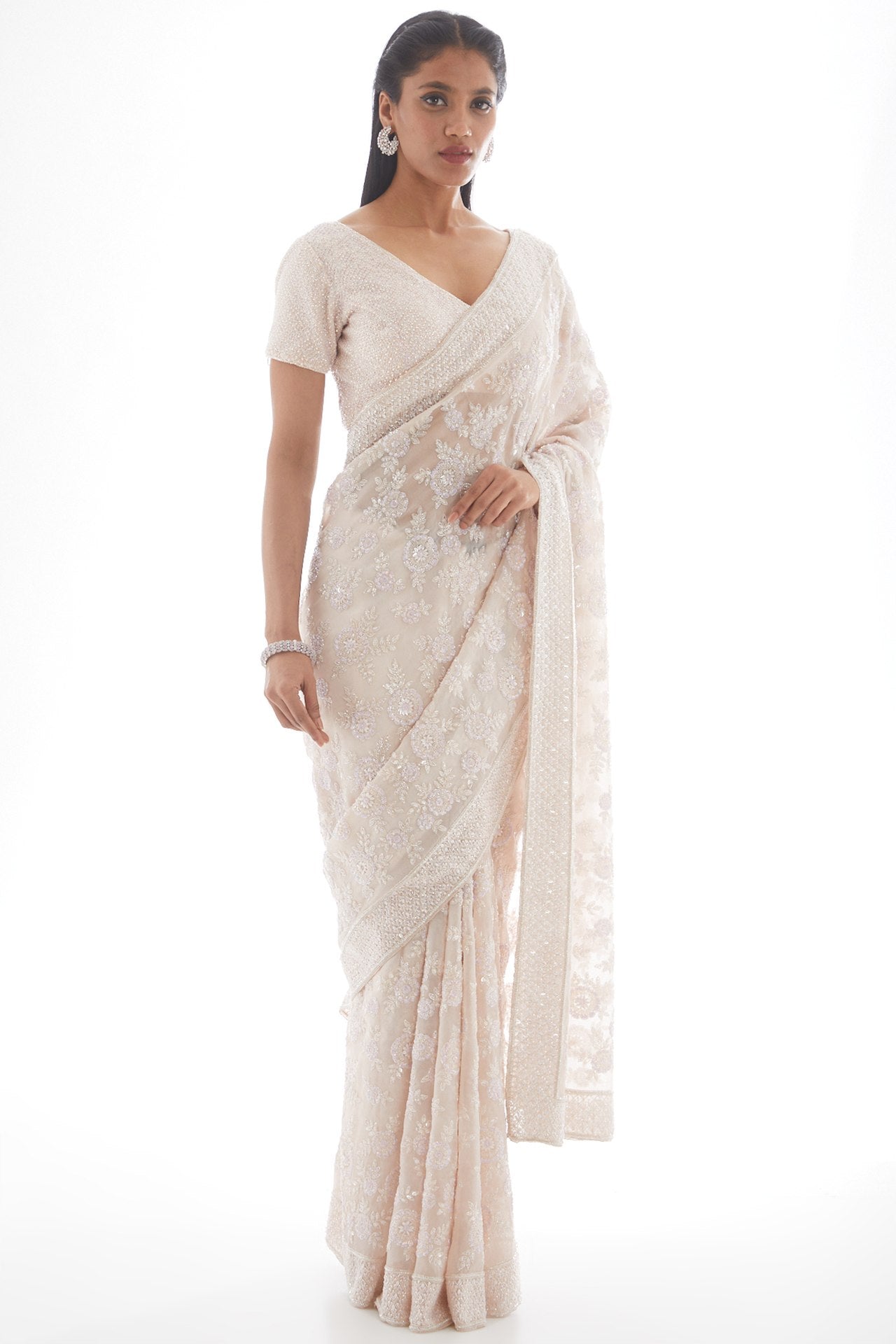 peach embellished saree set