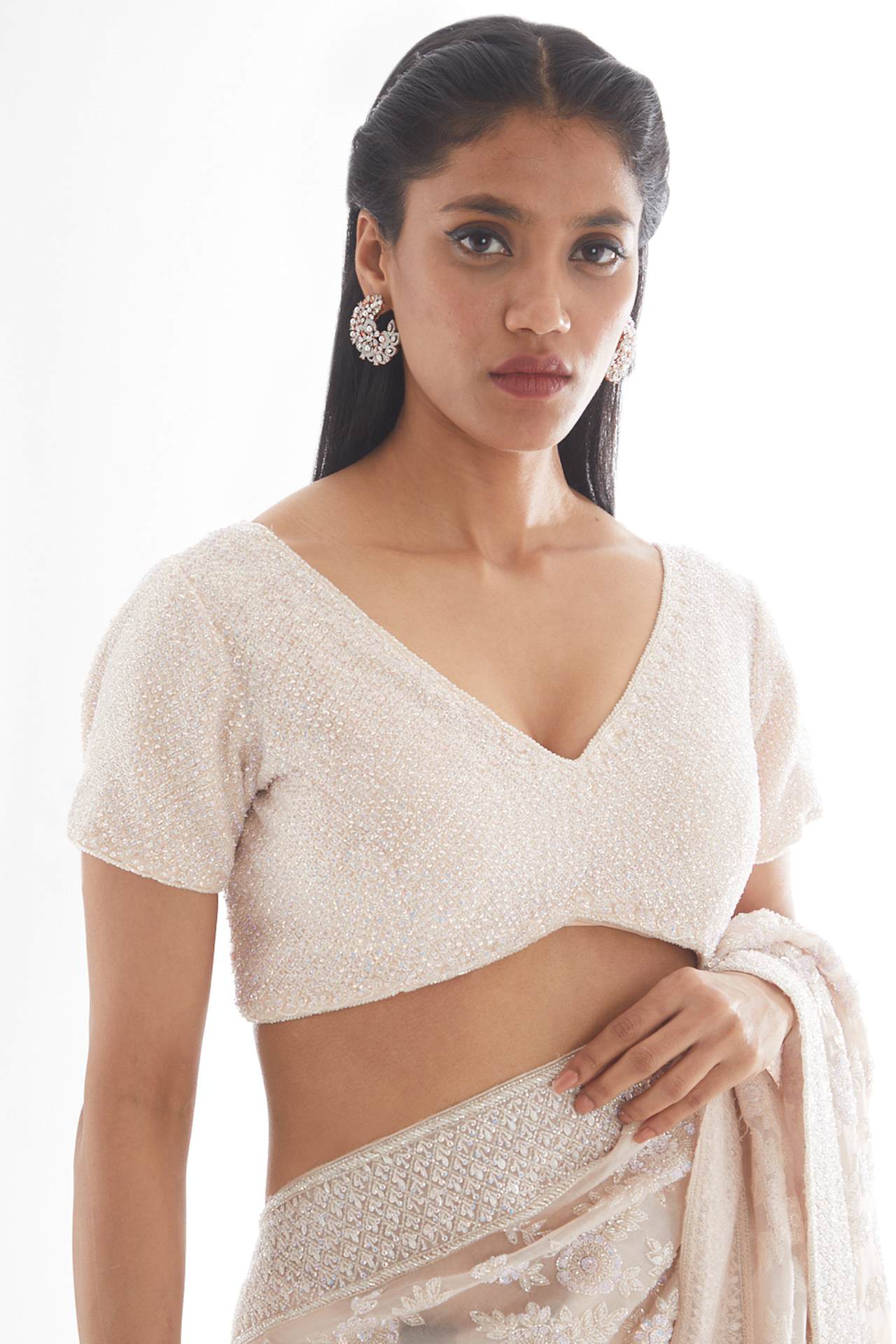 peach embellished saree set