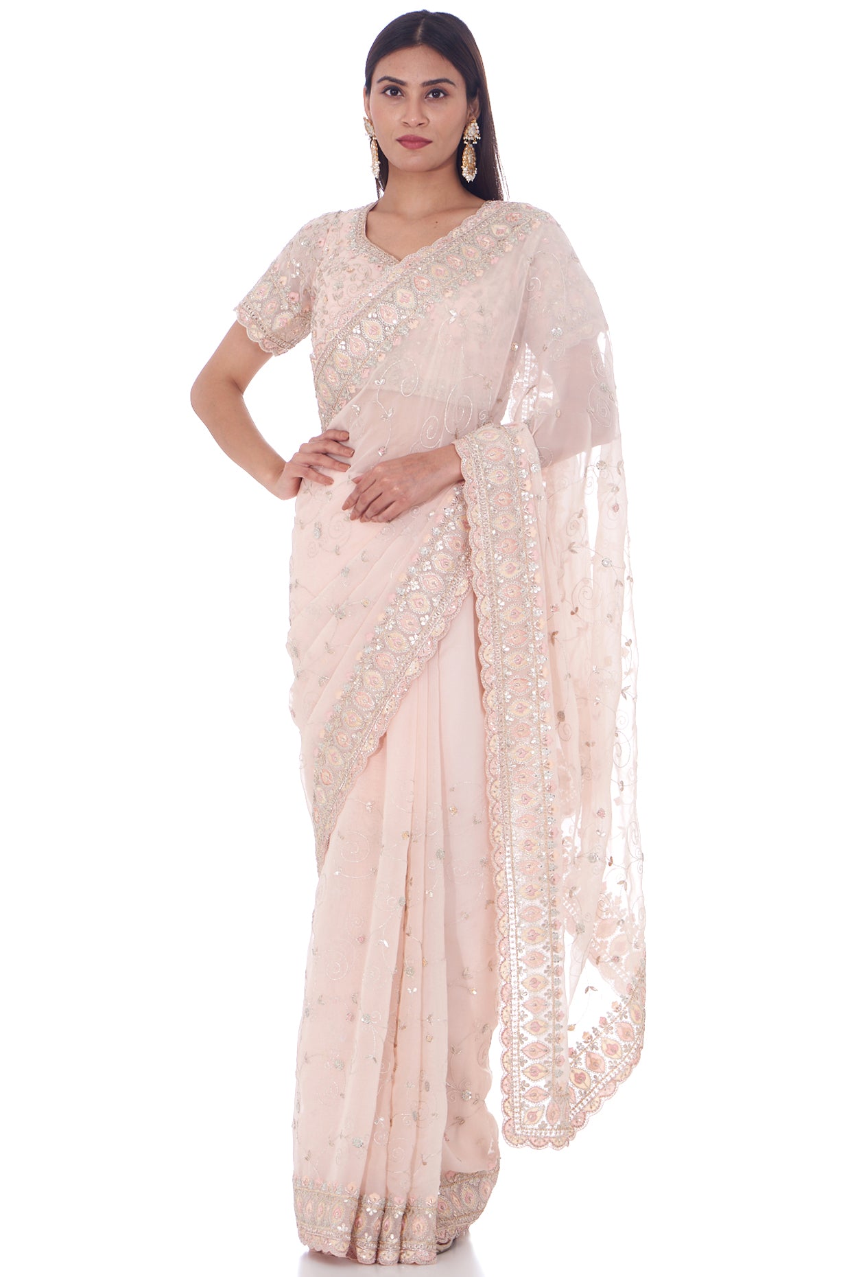 peach tissue organza embroidered saree set