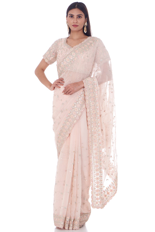 peach tissue organza embroidered saree set