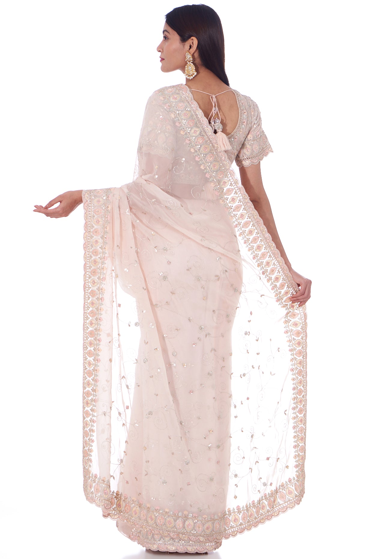 peach tissue organza embroidered saree set