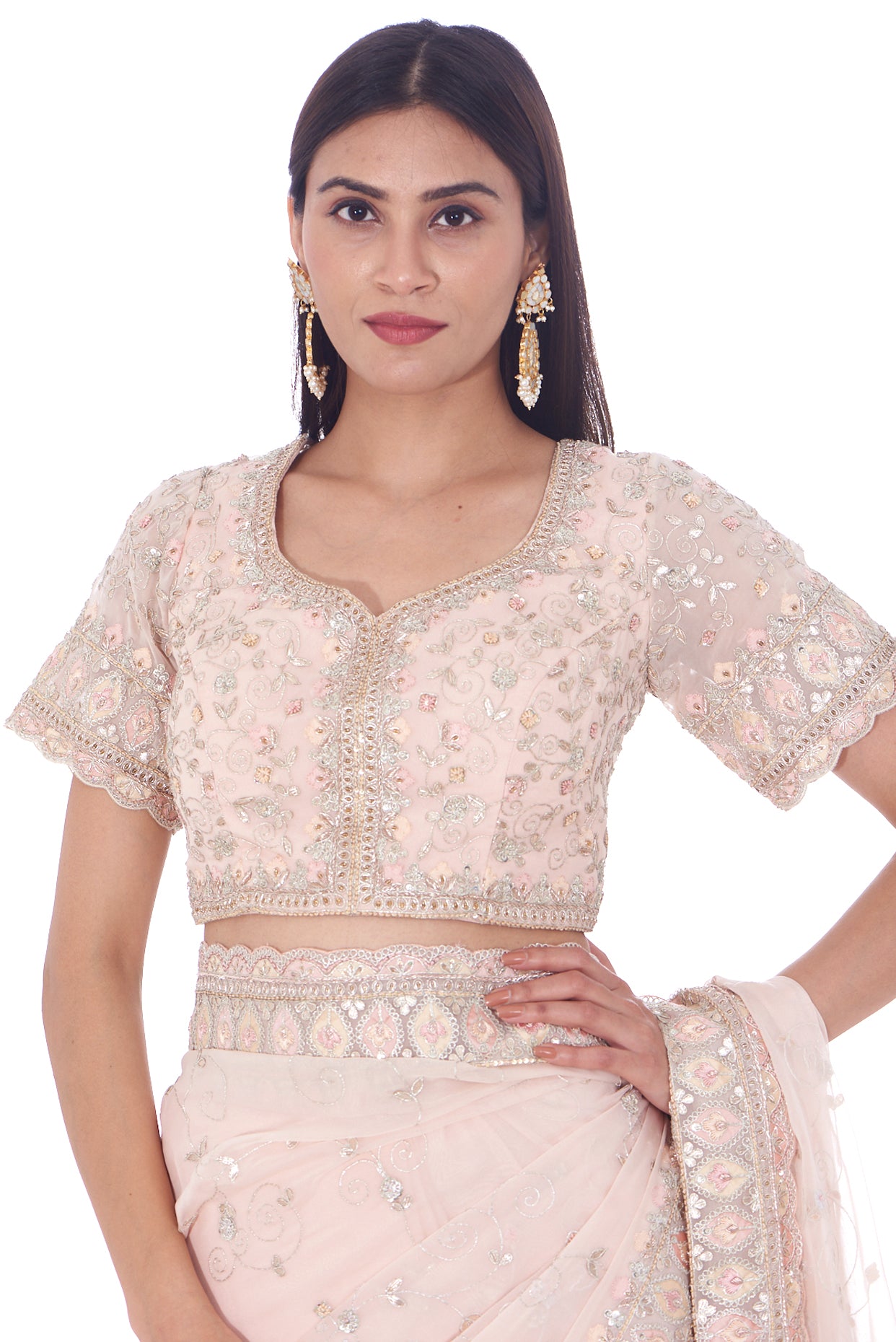 peach tissue organza embroidered saree set