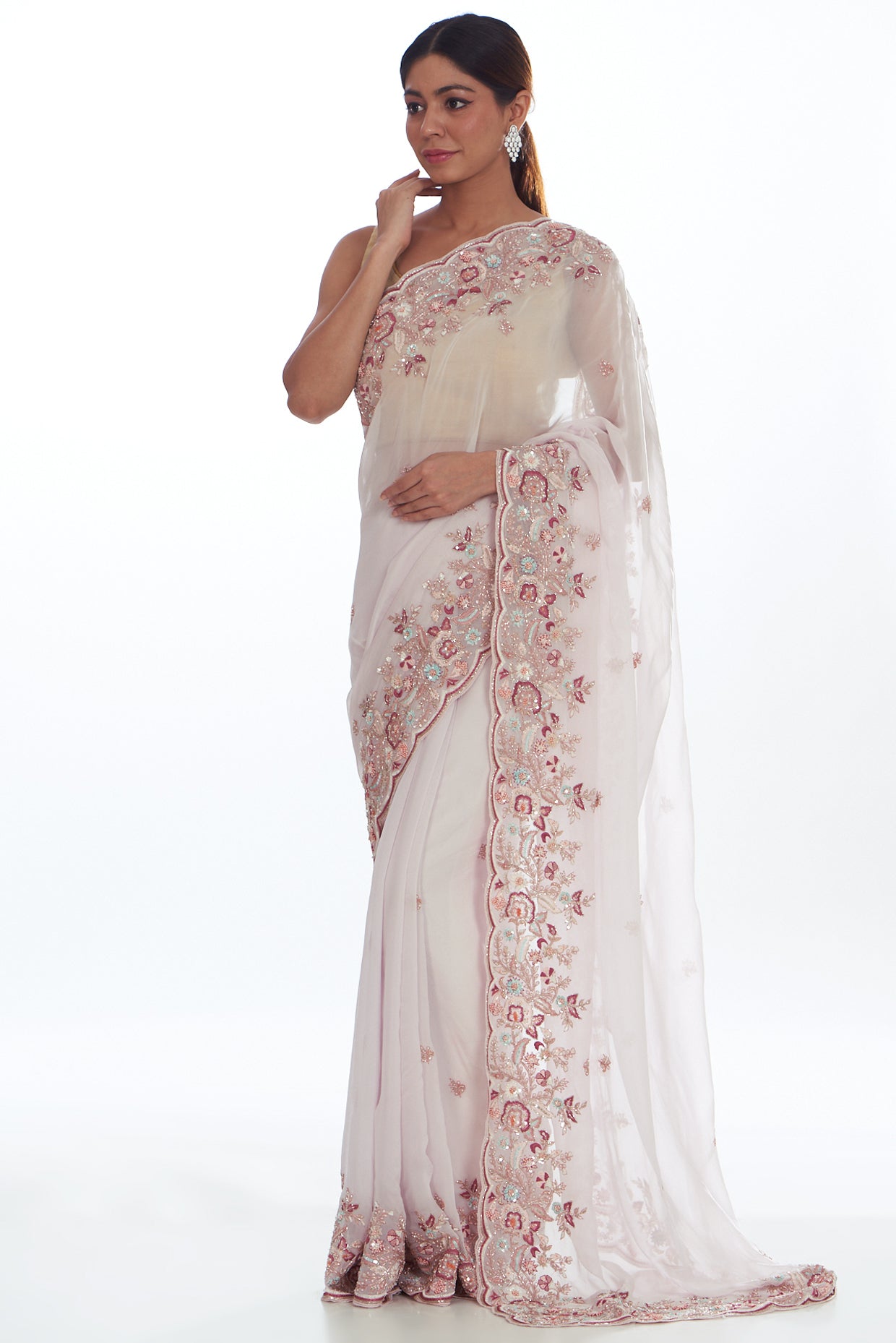 pink organza hand embroidered saree set