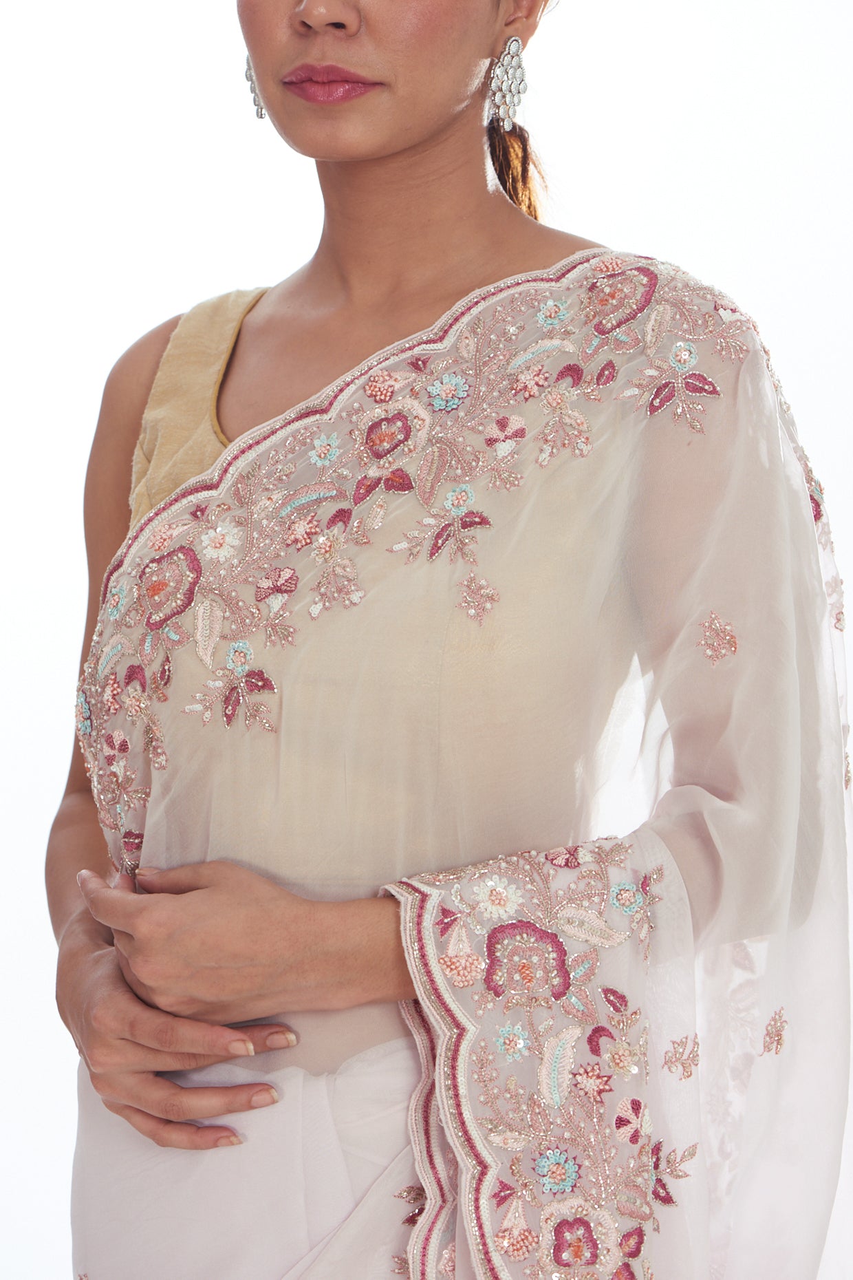 pink organza hand embroidered saree set