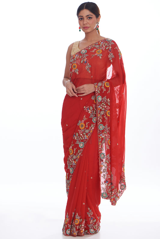 red organza hand embroidered saree set