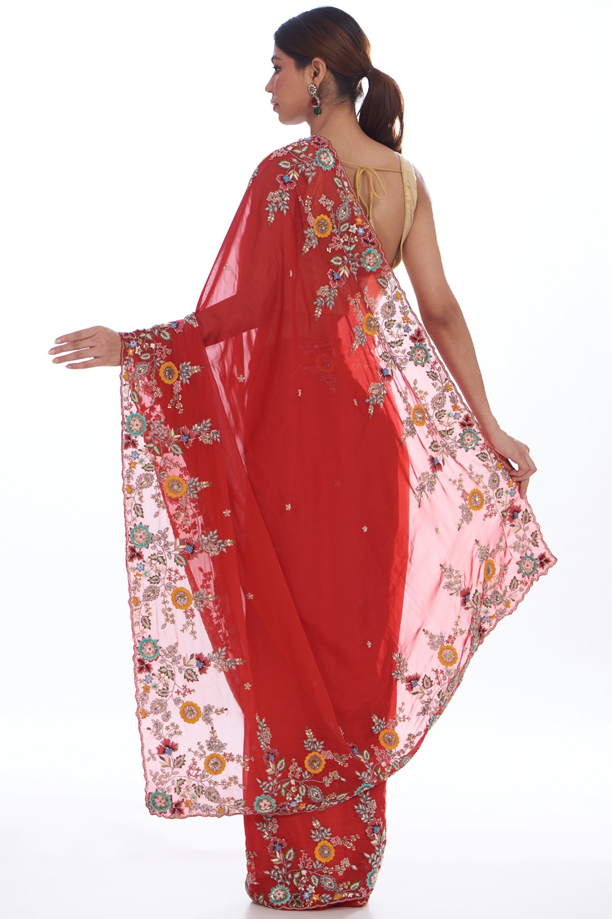 red organza hand embroidered saree set