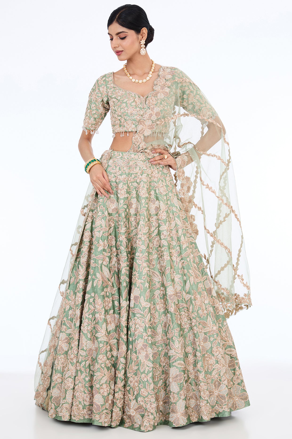 ice blue raw silk hand embroidered lehenga set