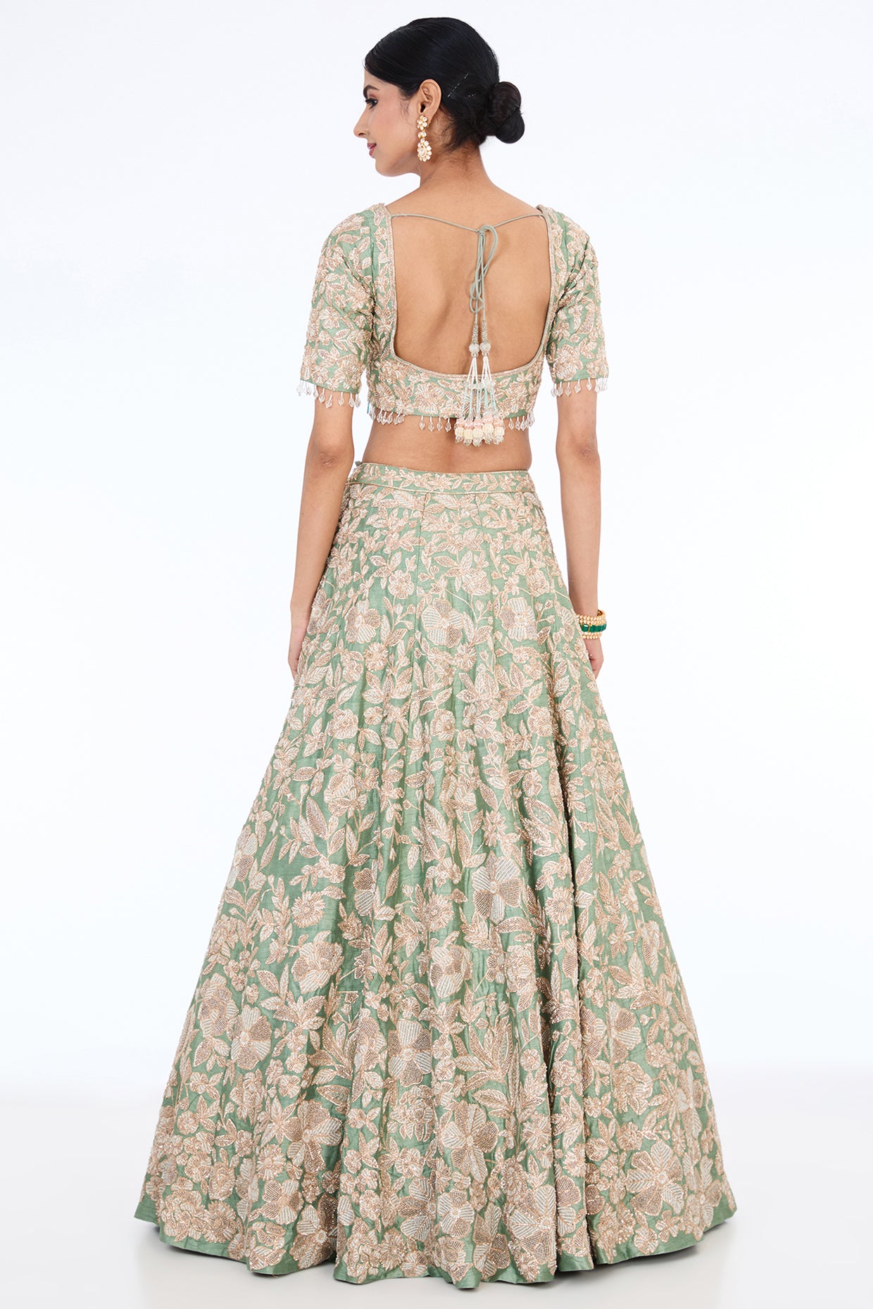 ice blue raw silk hand embroidered lehenga set