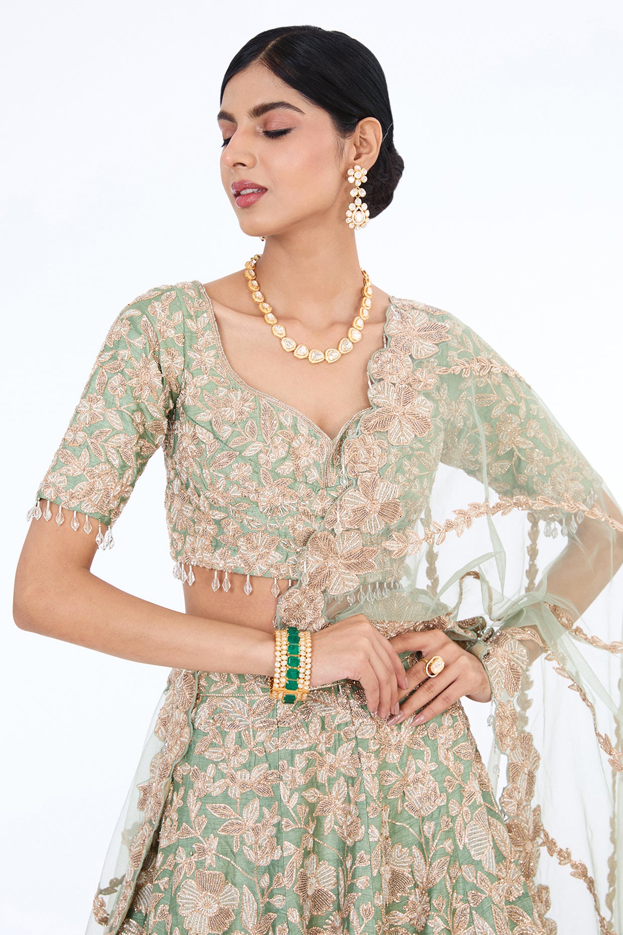 ice blue raw silk hand embroidered lehenga set