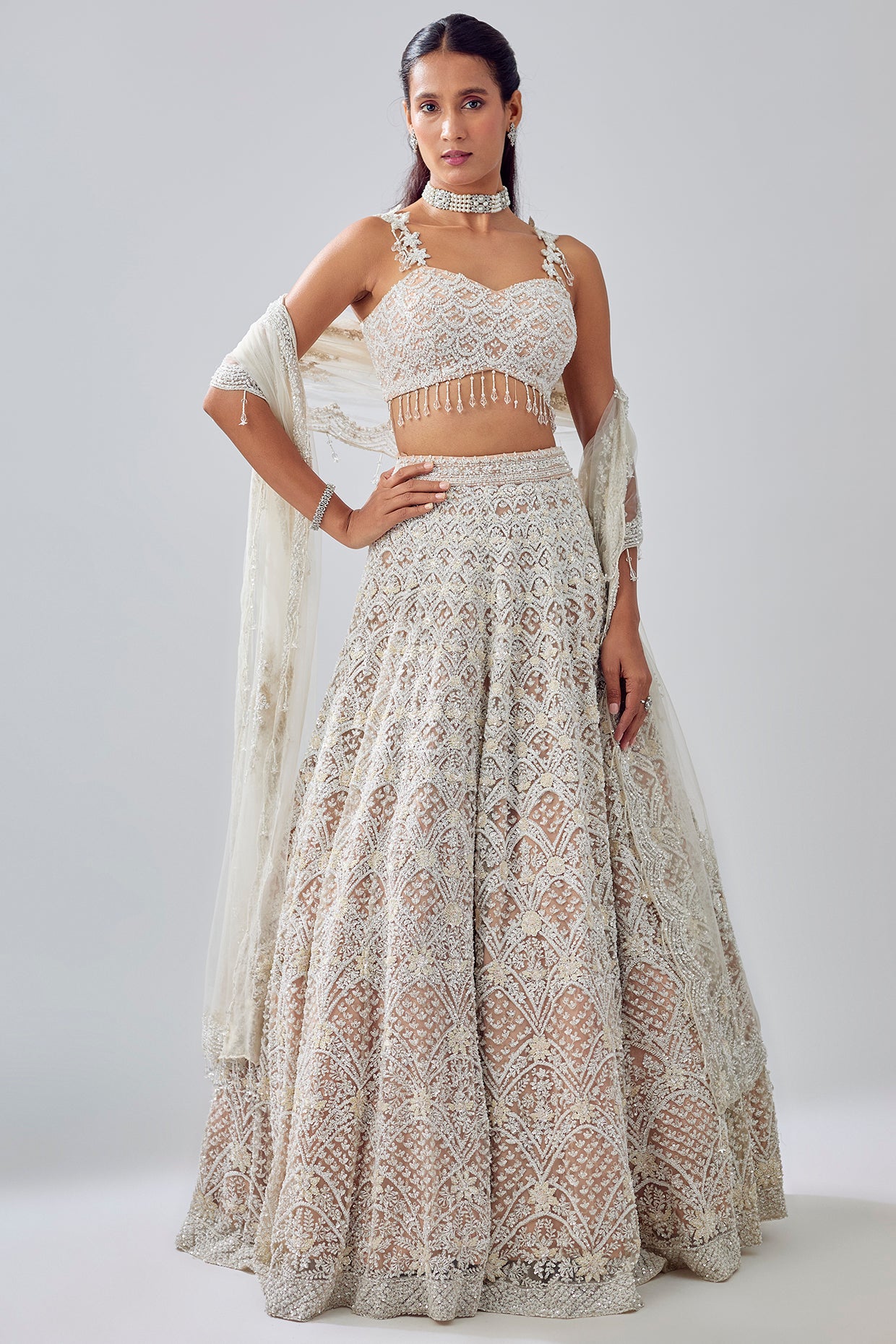 white net sequin & cutdana embroidered lehenga set