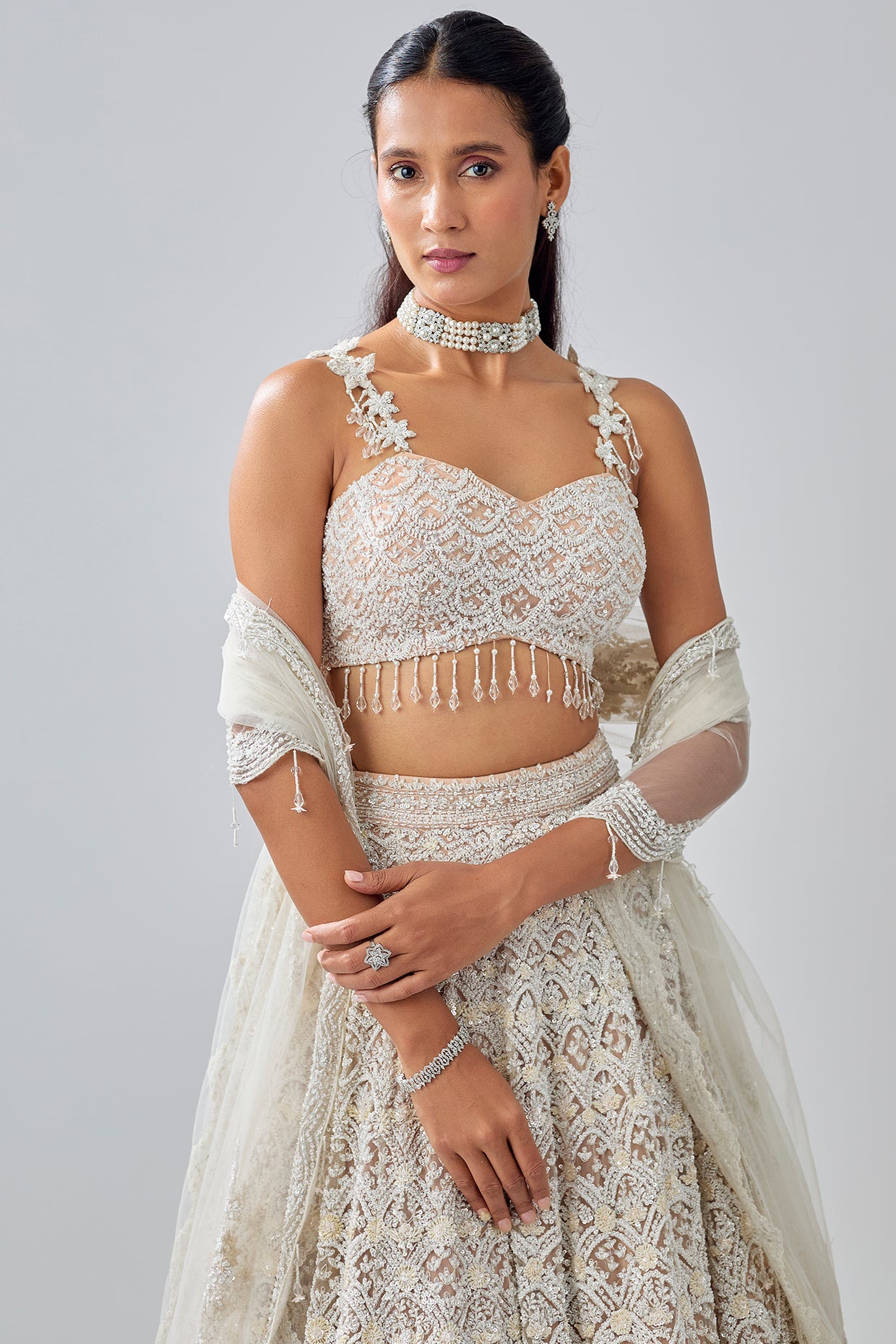 white net sequin & cutdana embroidered lehenga set