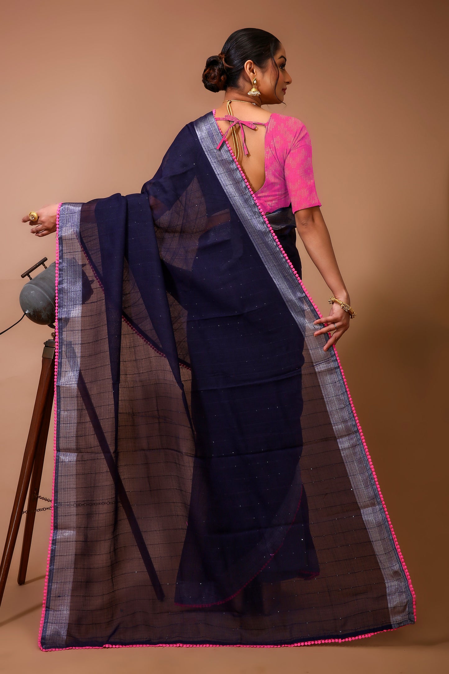 Dori Blue Pink Linen Silk Saree
