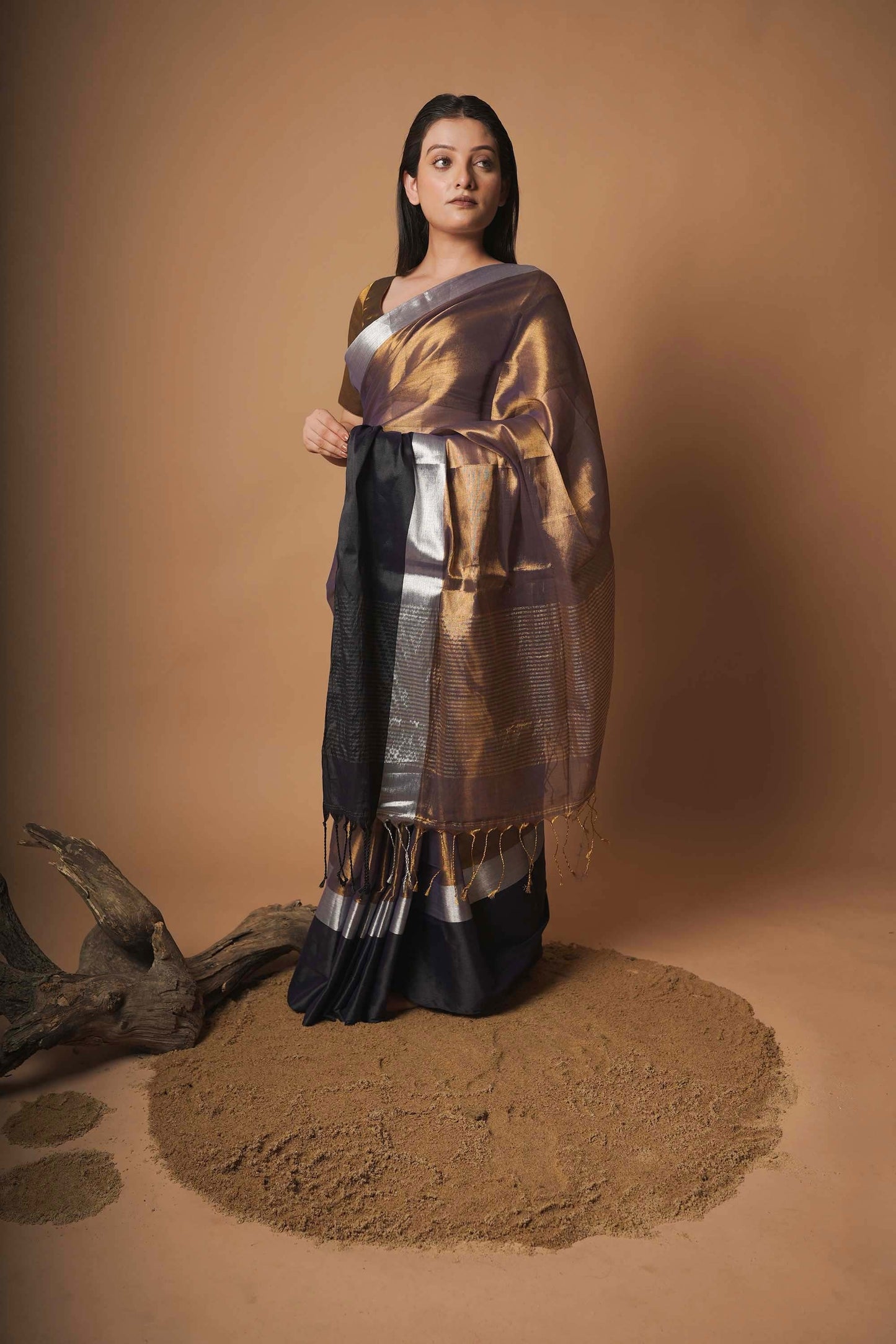 Kaashvi | Gold and Black Handloom Tissue Saree