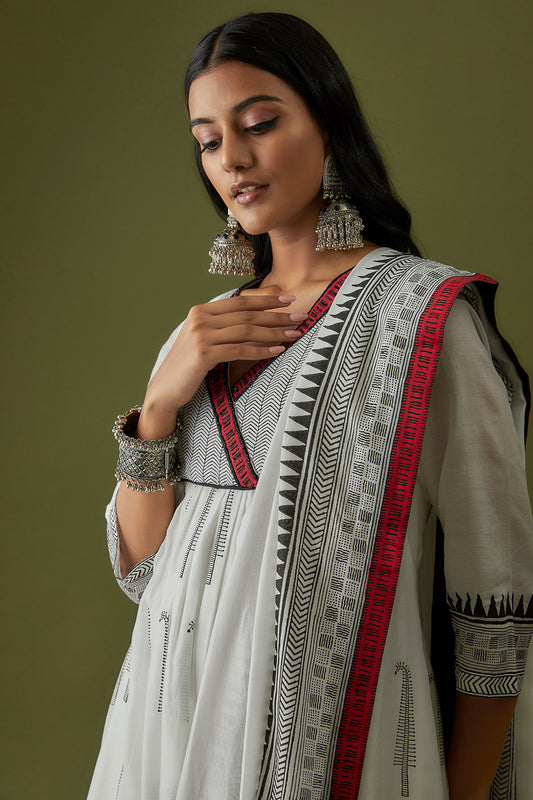 Hand Block Printed Overlap Yoke and Embroidered Kurta Set