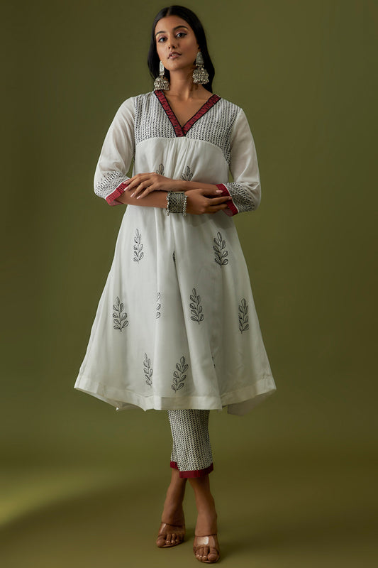 Ivory Hand Block Printed Cotton Silk Kurta Set