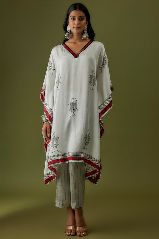 Ivory Contemporary Hand Block Printed Modal Kaftan Set