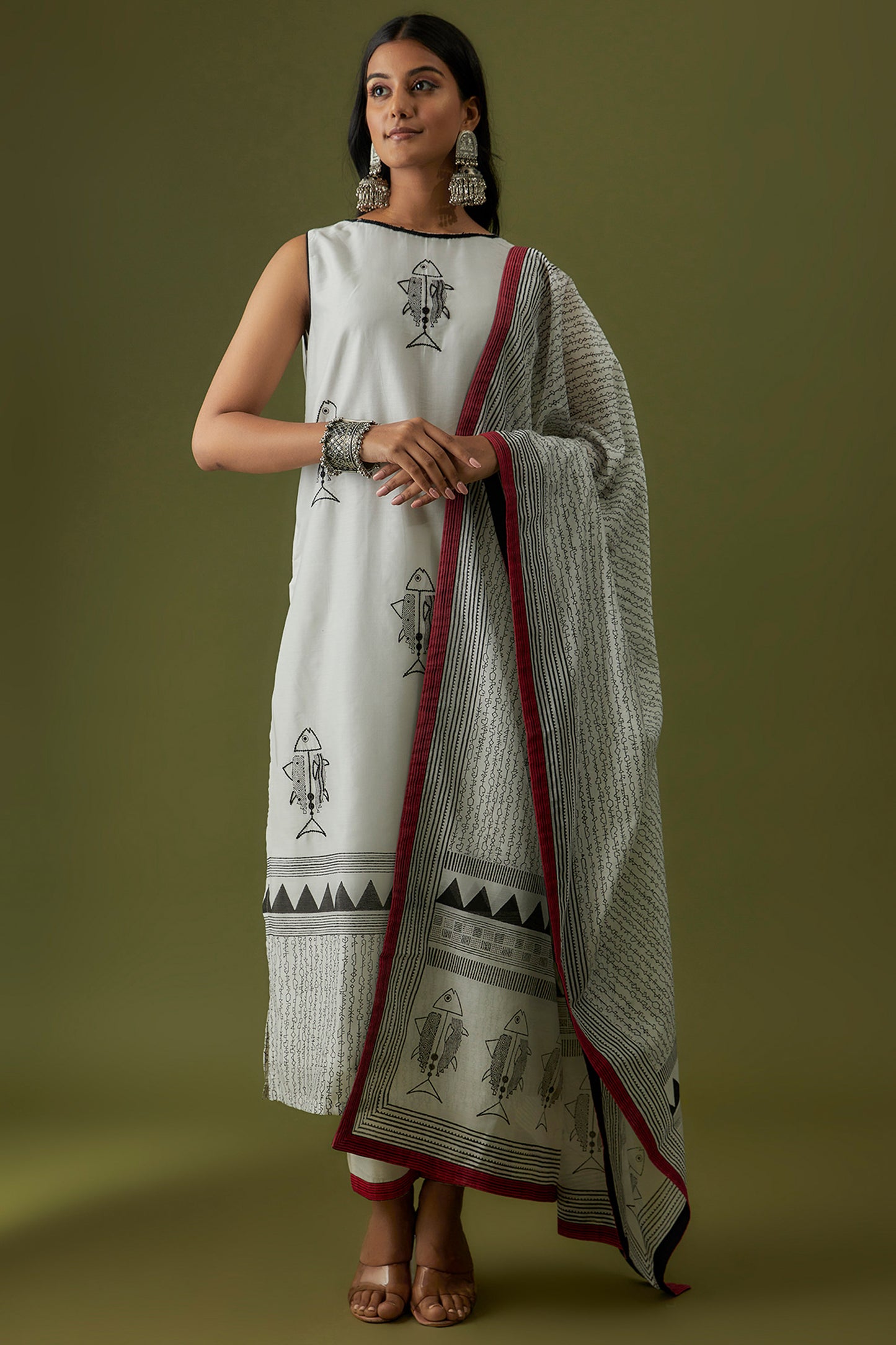 Hand Block Printed and Embroidered Ivory Designer Kurta Set