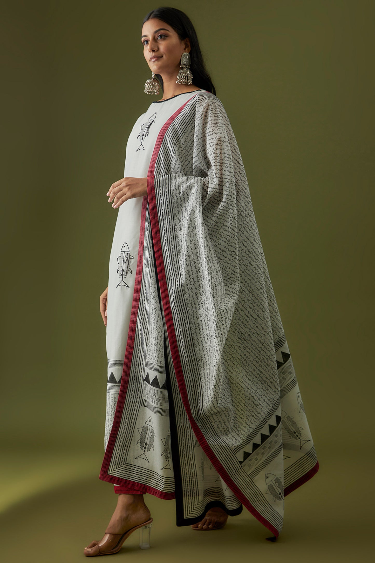 Hand Block Printed and Embroidered Ivory Designer Kurta Set