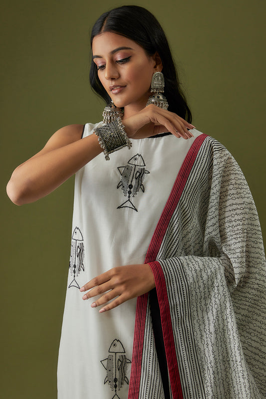 Hand Block Printed and Embroidered Ivory Designer Kurta Set