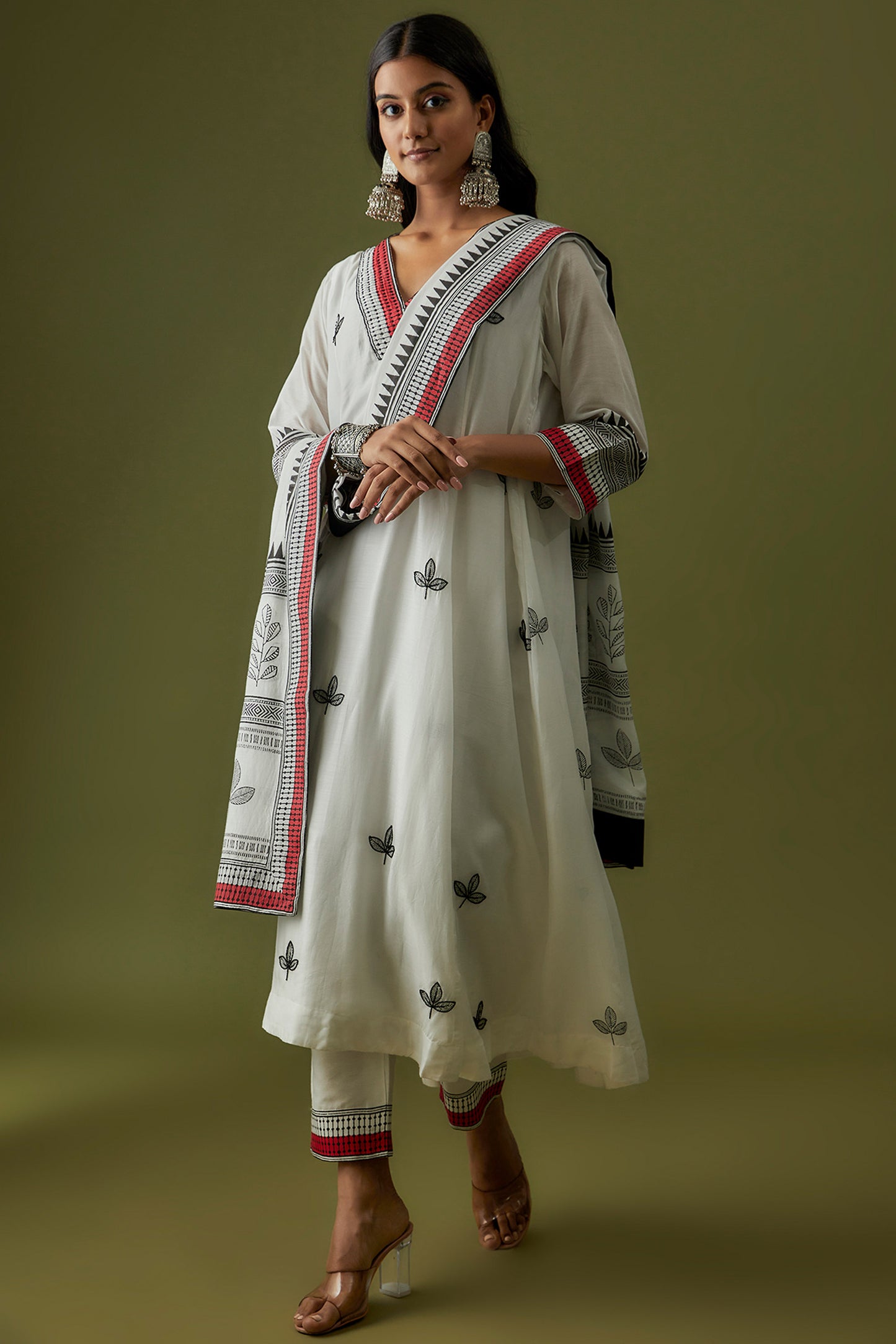 Hand Block Printed And Embroidered Leaf Motif Kurta Set