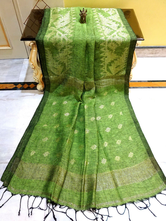 Woven Karat Work Border Linen Jamdani Saree in Pear Green and Antique Silver