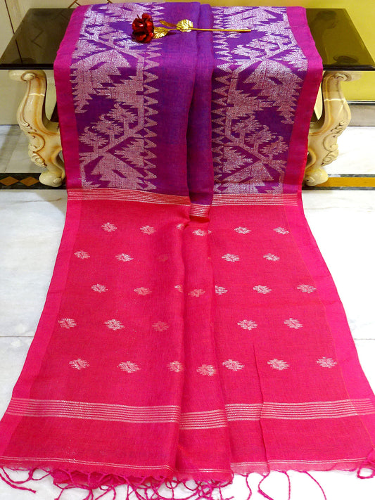 Woven Karat Work Border Linen Jamdani Saree in Purple, Pink and Antique Silver