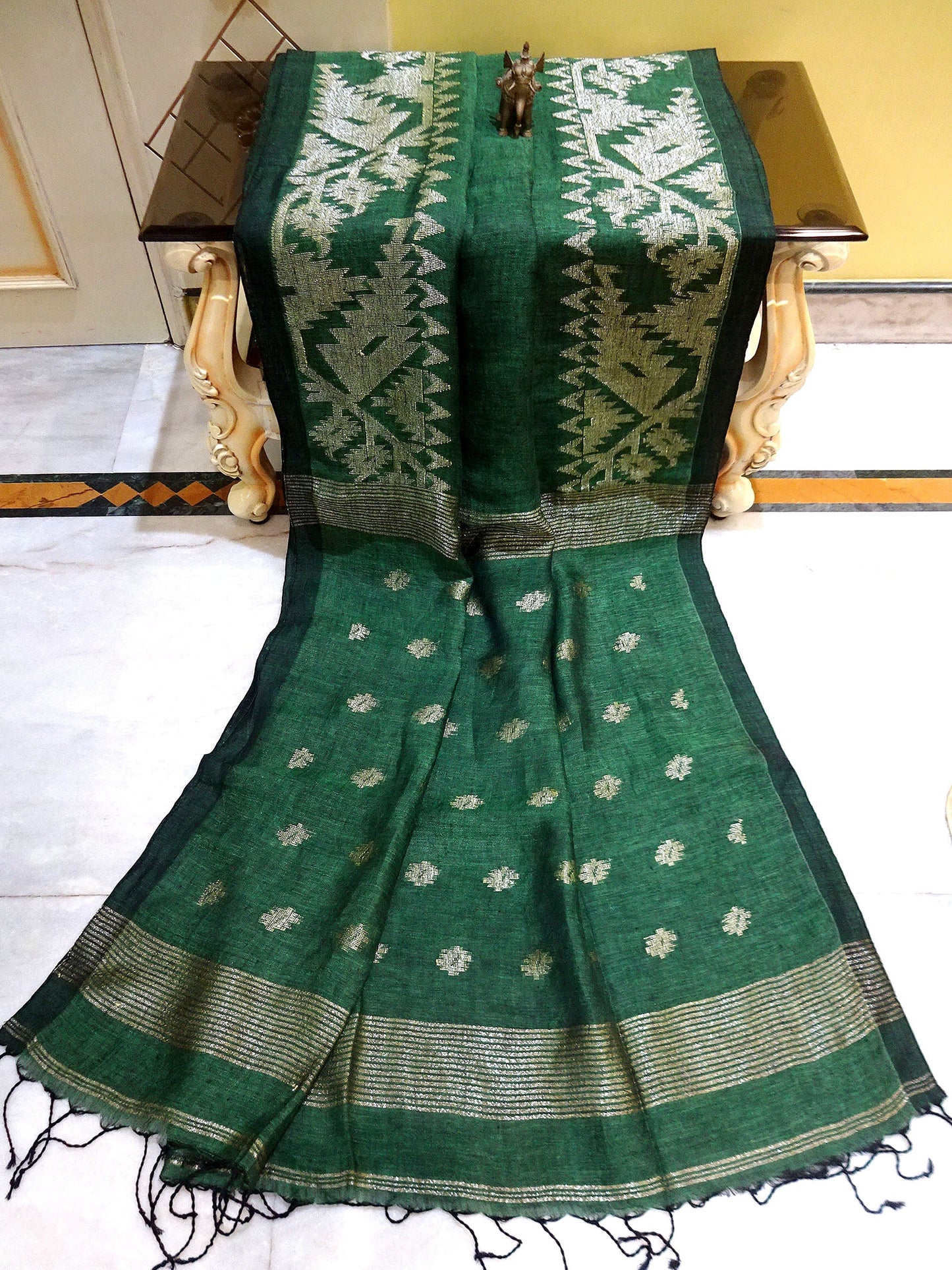 Woven Karat Work Border Linen Jamdani Saree in Pine Green and Antique Silver
