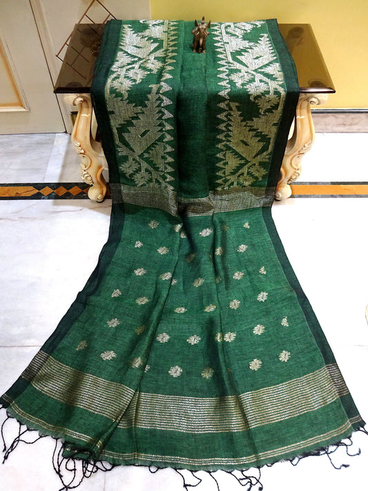 Woven Karat Work Border Linen Jamdani Saree in Pine Green and Antique Silver